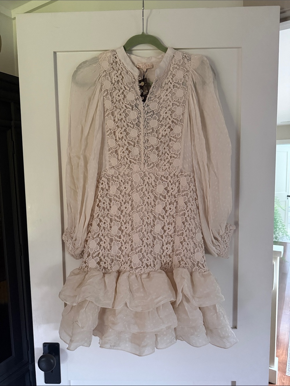 Blumarine Cream Lace Long-Sleeve Ruffle Mini Dress